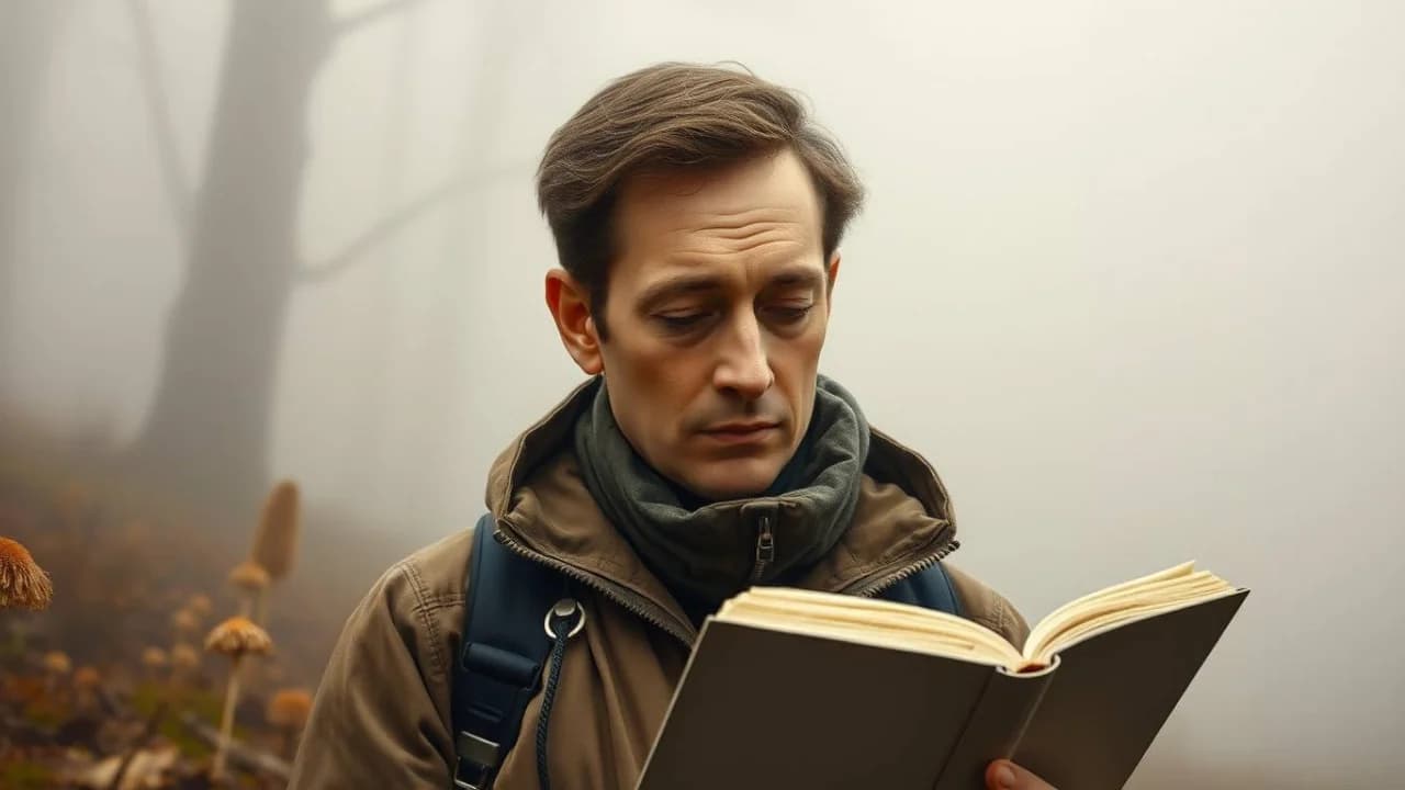 A man in a jacket and scarf reading a book in a foggy forest setting.         