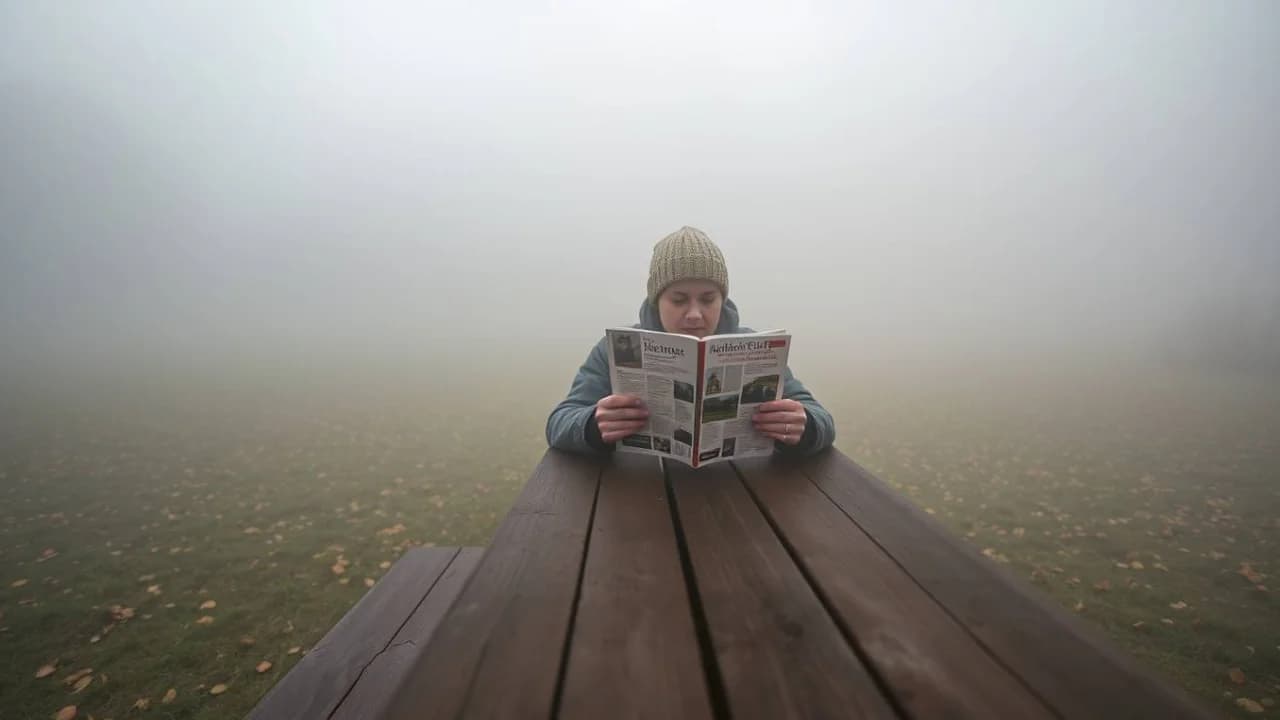 Person reading a newspaper at a wooden table in a foggy, leaf-covered field.        